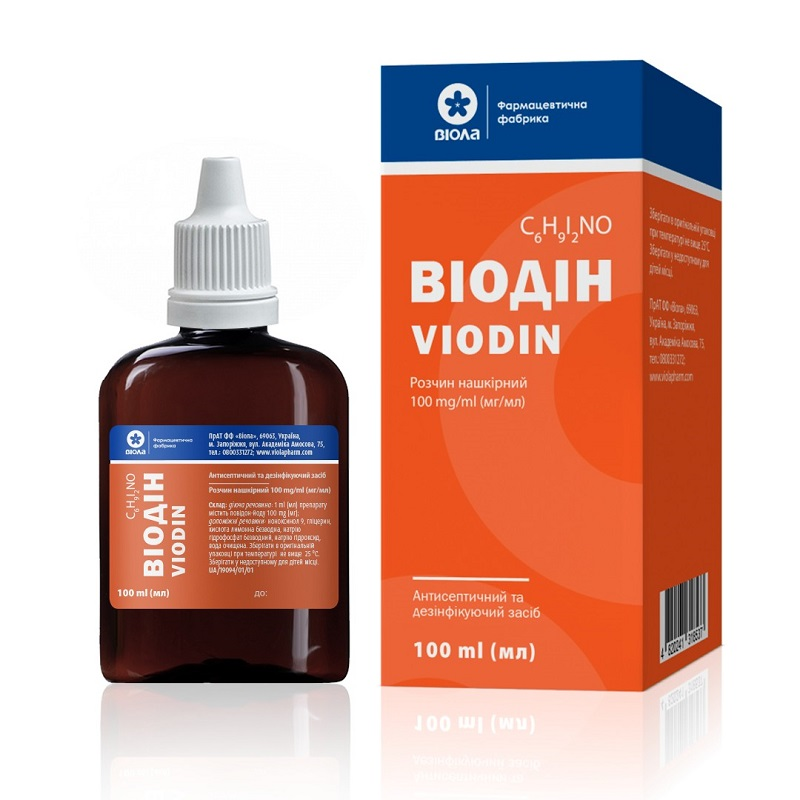 ВІОДІН розчин нашкірний 100 мг/мл, по 100 мл у флаконі, по 1 флакону, укупореному насадкою та кришкою, у пачці